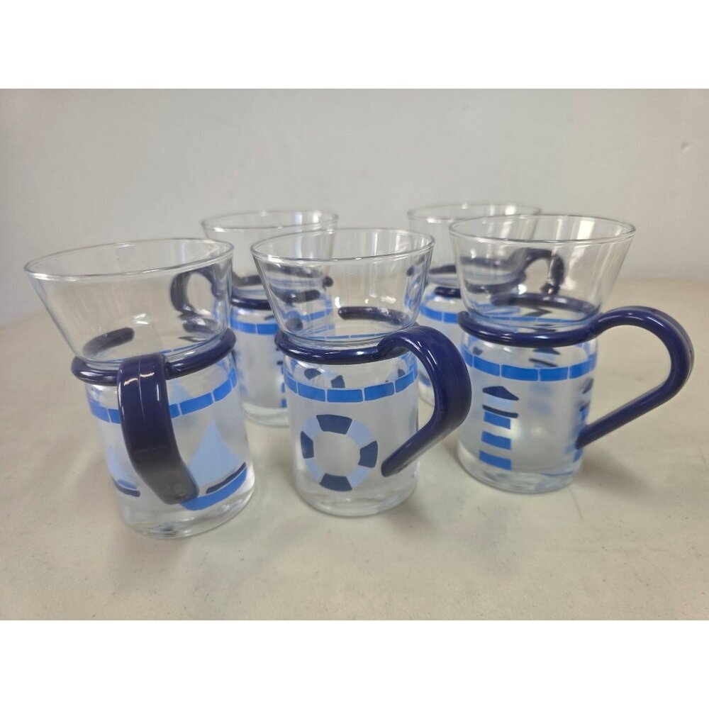 Inspiration Glass Mugs Set of 5 Blue Nautical 10oz Cap Removable Handles VTG Y2K